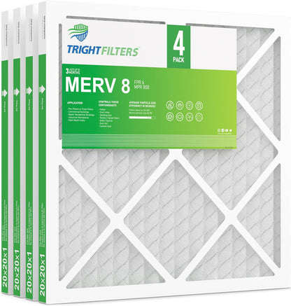 TRIGHTFILTERS 20x20x1 Air Filter - MERV 8 Pleated Dust Defense | 4 Pack Replacement for HVAC & AC Systems