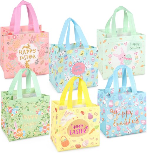 Aviski 6PCS Happy Easter Egg Hunt Bags Bunny Carrot Chick Egg Gift Bag with Handles, Easter Treat Bags, Non-Woven Gifts Wrapping, Spring Party Supplies