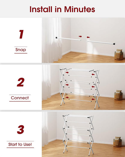 Sakugi Foldable Clothes Drying Rack - Space-Saving 3-Tier Metal Laundry Rack for Indoor & Outdoor Use | 11.4"D x 29.1"W x 37.4"H, White and Black