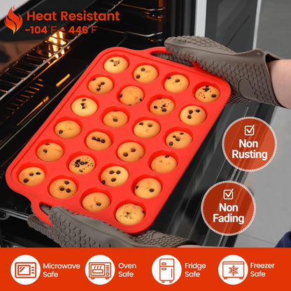 CAKETIME Silicone Mini Muffin Pan - 24-Cup BPA-Free Muffin Tin with Metal Reinforcement & Handles | Red, 2-Pack