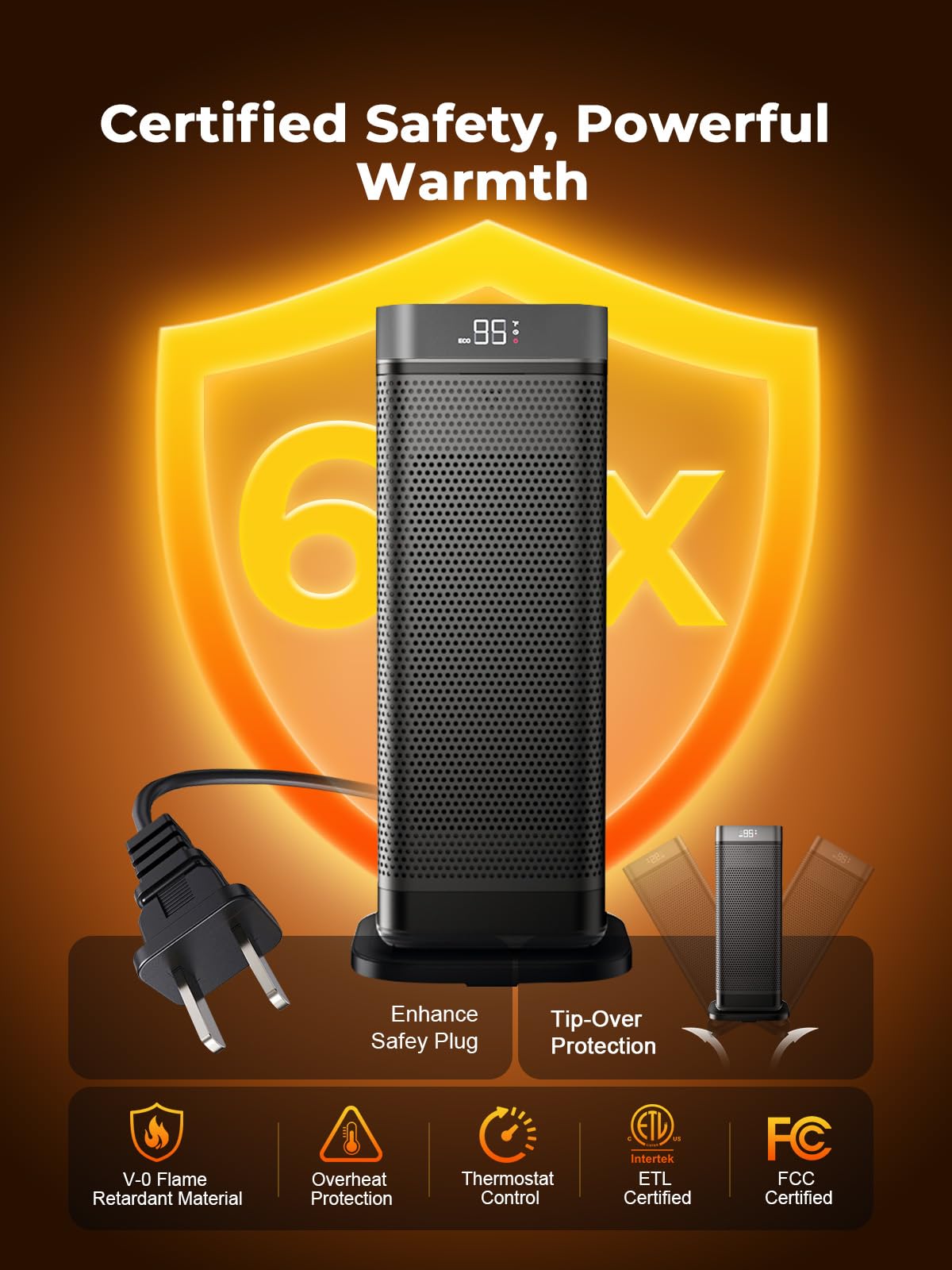 Space Heaters for Indoor Use, 1500W Portable Heater with Remote and Thermostat, 90° Oscillation, 4 Modes, 12H Timer, Overheating & Tip-Over Protection, Quiet Electric Heaters for Home, Office, Bedroom