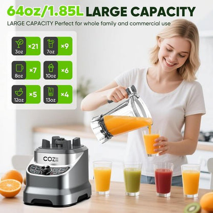 COZII 2000W Professional Kitchen Blender - Smoothies, Ice Crushing & Nut Milk | 64oz Pitcher & 21oz To-Go Cup, Dark Grey