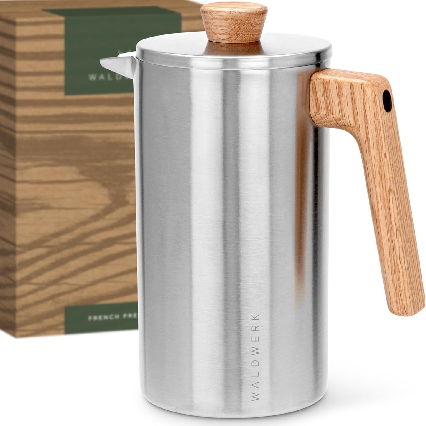 WALDWERK French Press Coffee Maker - 34 oz Non-Toxic Stainless Steel with Oak Wood Handle - Insulated Design