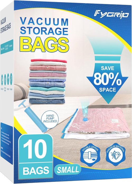 Fygrip Vacuum Storage Bags - Space-Saving Vacuum Seal Bags with Hand Pump | 10 Small Bags for Clothing & Travel