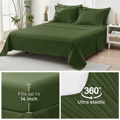 HYMOKEGE Olive Green Twin XL Comforter Set Seersucker 5 Pieces, All Season Luxury Bed in a Bag for Bedroom, Bedding Set with Comforter, Sheets, Pillowcase & Sham