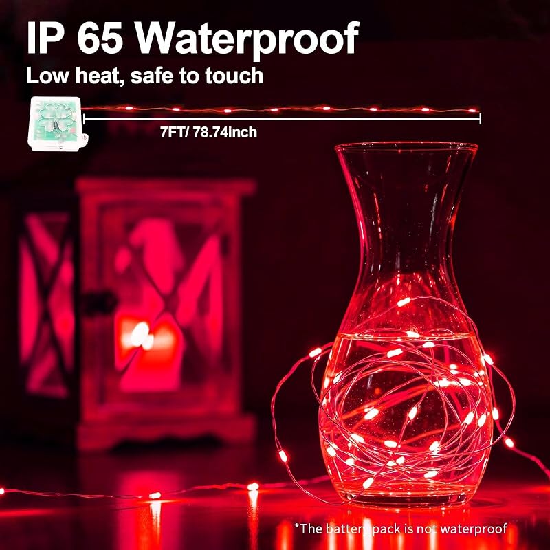 Red Fairy Lights 12 Pack with Remote & Timer - 7ft Silver Wire, IP65 Battery Operated