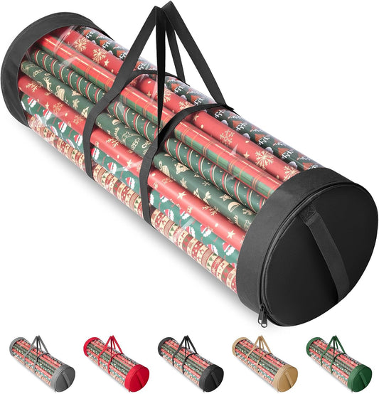 BALEINE Gift Wrapping Paper Organizer - Durable 600D Oxford Fabric, Clear PVC, Fits 18-25 Rolls, Black