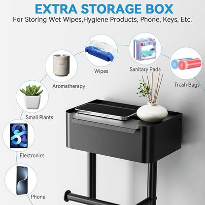 Free Standing Toilet Paper Holder by [Brand Name] - Stylish Bathroom Organizer with Shelf for 4 Rolls - 29.7” x 12.6” (Matte Black)