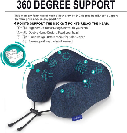 Napfun Travel Neck Pillow - Upgraded 100% Pure Memory Foam for Airplane Comfort | Portable Blue Headrest