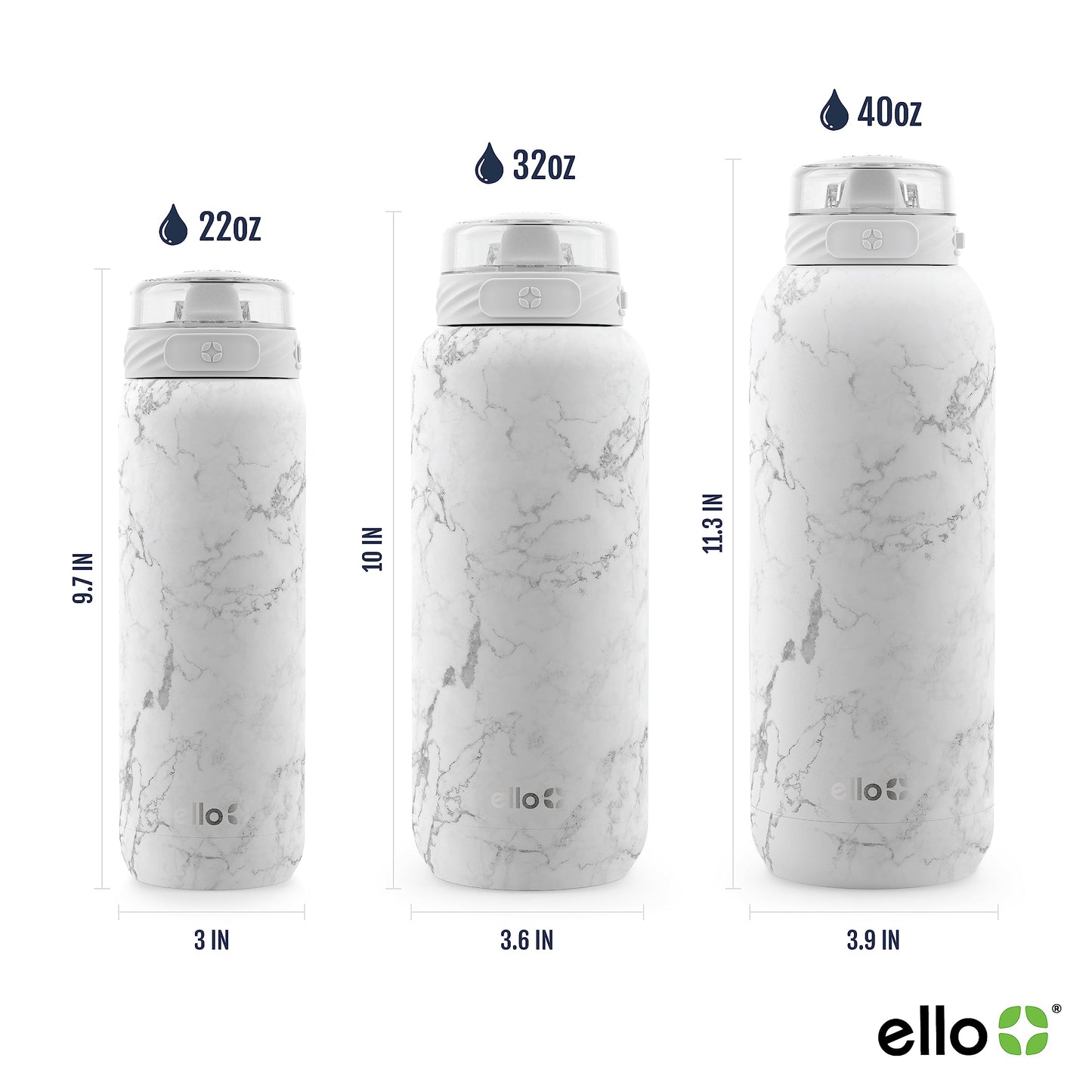 Ello Cooper 22oz Stainless Steel Water Bottle with Straw and Carry Handle, Double Walled and Vacuum Insulated Metal, Leak Proof Locking Lid with Soft Silicone Spout, Reusable, BPA Free, White Marble