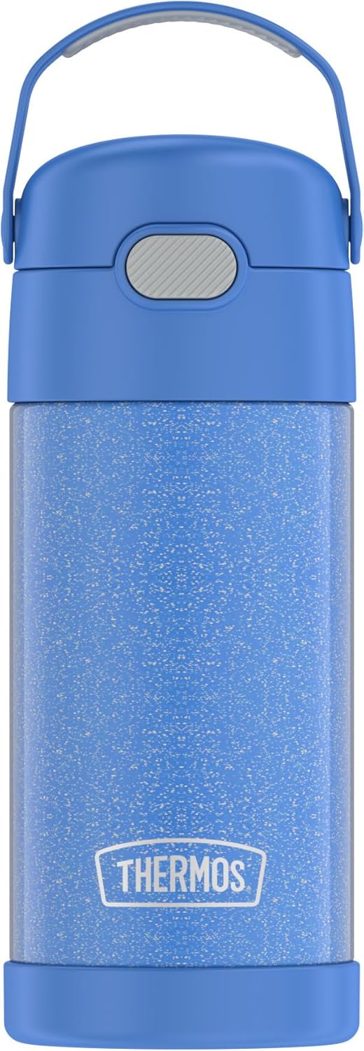 THERMOS FUNTAINER Water Bottle - 12 Ounce Kids Stainless Steel, Vacuum Insulated with Straw - Glitter Periwinkle