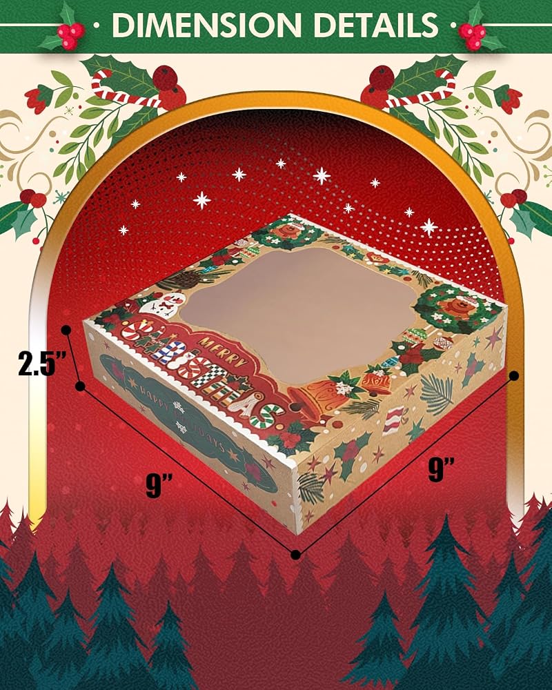 Christmas Kraft Cookie Boxes with Window 30 Pcs 9x9x2.5in - Gift Set, Easy Assemble