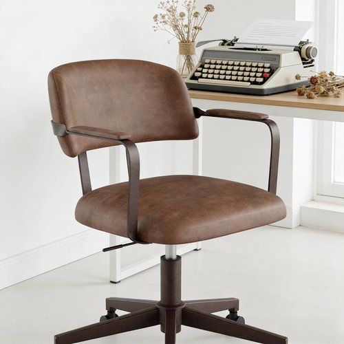 BERYTH Home Office Desk Chair, Mid-Century Modern Desk Chair with Padded Arms, Adjustable Seat Height, Mid Back 360° Small Computer Chair with Mobile Mute Wheel, PU Leather (Brown)