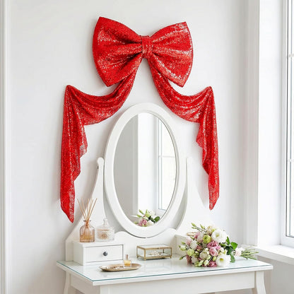 Skiennix Sequin Giant Bow - Oversized Red Decoration with Long Ribbon | 75 x 23 Inch for Weddings & Parties