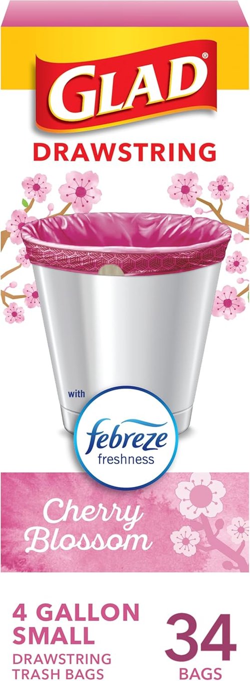Glad Small Trash Bags - 4 Gallon Odor Resistant Garbage Bags with Drawstring | Febreze Cherry Blossom, 34 Count