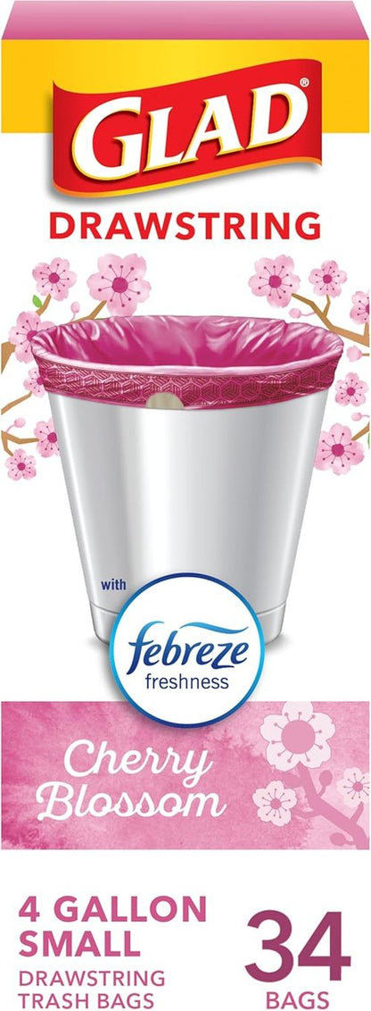 Glad Small Trash Bags - 4 Gallon Odor Resistant Garbage Bags with Drawstring | Febreze Cherry Blossom, 34 Count