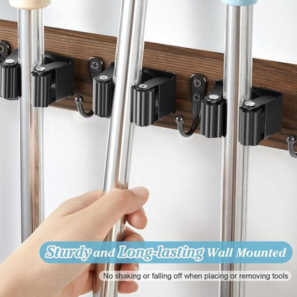 Brown Broom Holder Wall Mount - Heavy Duty Wood Mop Organizer with 5 Slots & 4 Hooks | Rustic Storage Solution for Laundry Room, Kitchen, Garage
