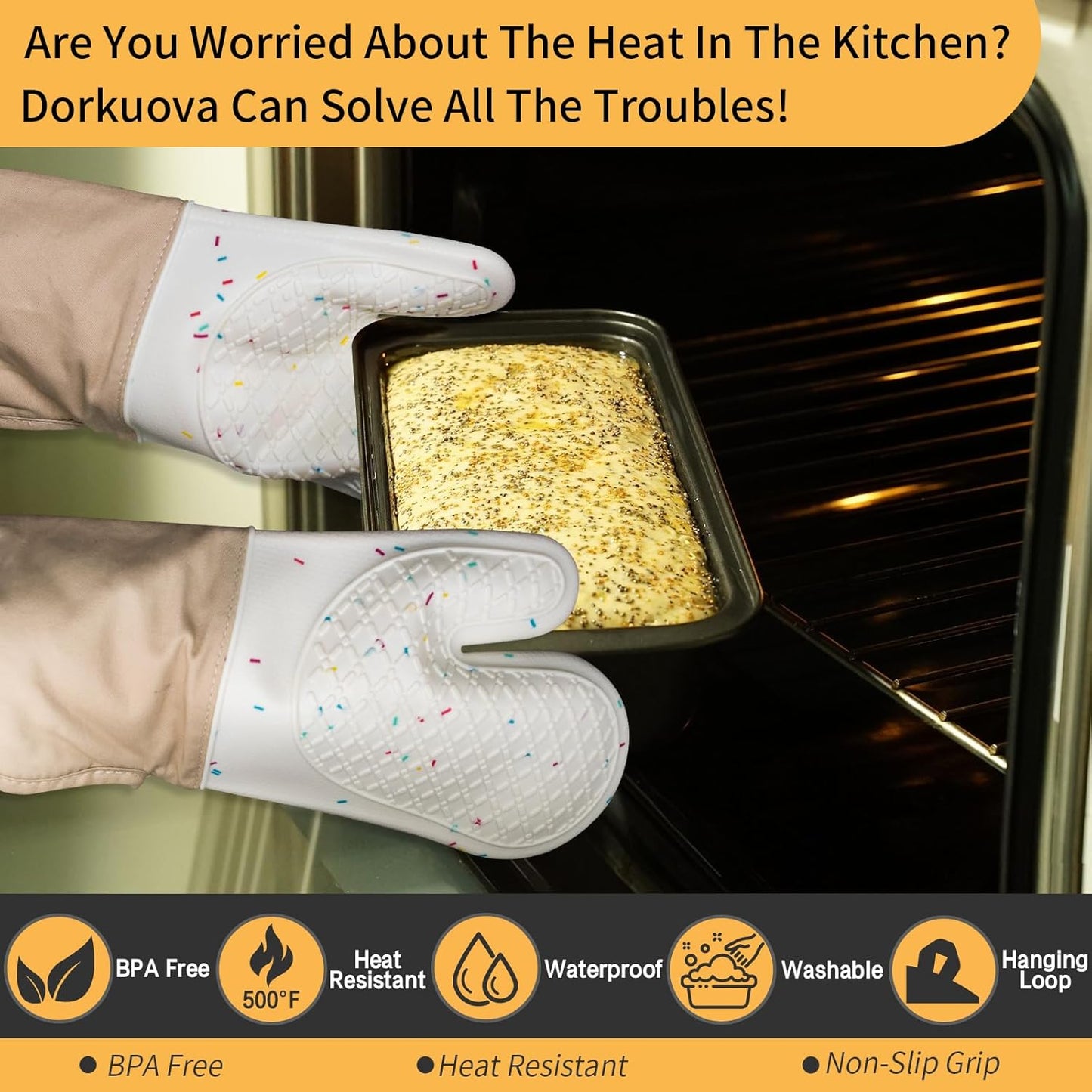 Skiennix Oven Mitts - Cute Heat Resistant Silicone Cooking Gloves | Washable, 500°F, Cream Color