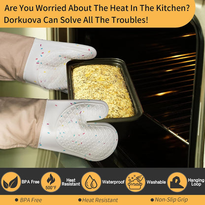 Skiennix Oven Mitts - Cute Heat Resistant Silicone Cooking Gloves | Washable, 500°F, Cream Color