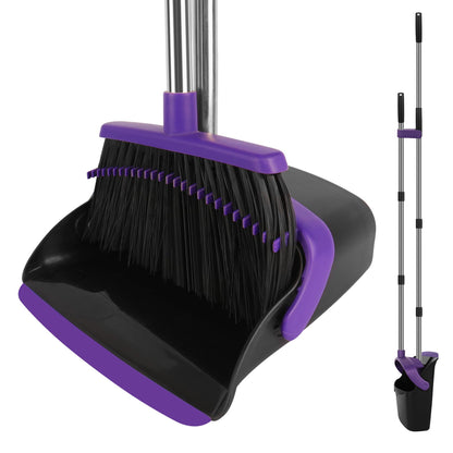 UDUK Broom and Dustpan Set, Large Household Dustpans and Broom with 55 Inch Long Handle, Pueple Broom with Dustpan Combo Set for Home