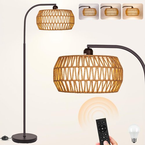 Brilvibera Rattan Standing Lamp with Remote and Dimmable Bulb, Bronze Arch Floor Lamp, Over Couch Lamp with Foot Switch, Brown Boho Lamp for Living Room, Bedroom, Office, Classroom