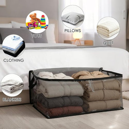 Fixwal Blanket Storage Bags - 80L Large Foldable Closet Organizers with Reinforced Handles | Black, PVC, 4 Pack