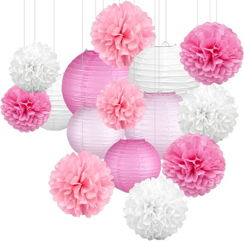 KAXIXI Pink Party Decorations - 15 Pcs Hanging Paper Lanterns & Tissue Pom Poms for Baby Showers & Birthdays