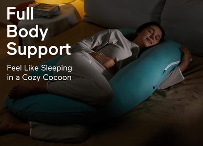 Momcozy U-Shaped Pregnancy Pillow - 57 Inch Full Body Maternity Support with Cotton Cover | Tiffany Blue