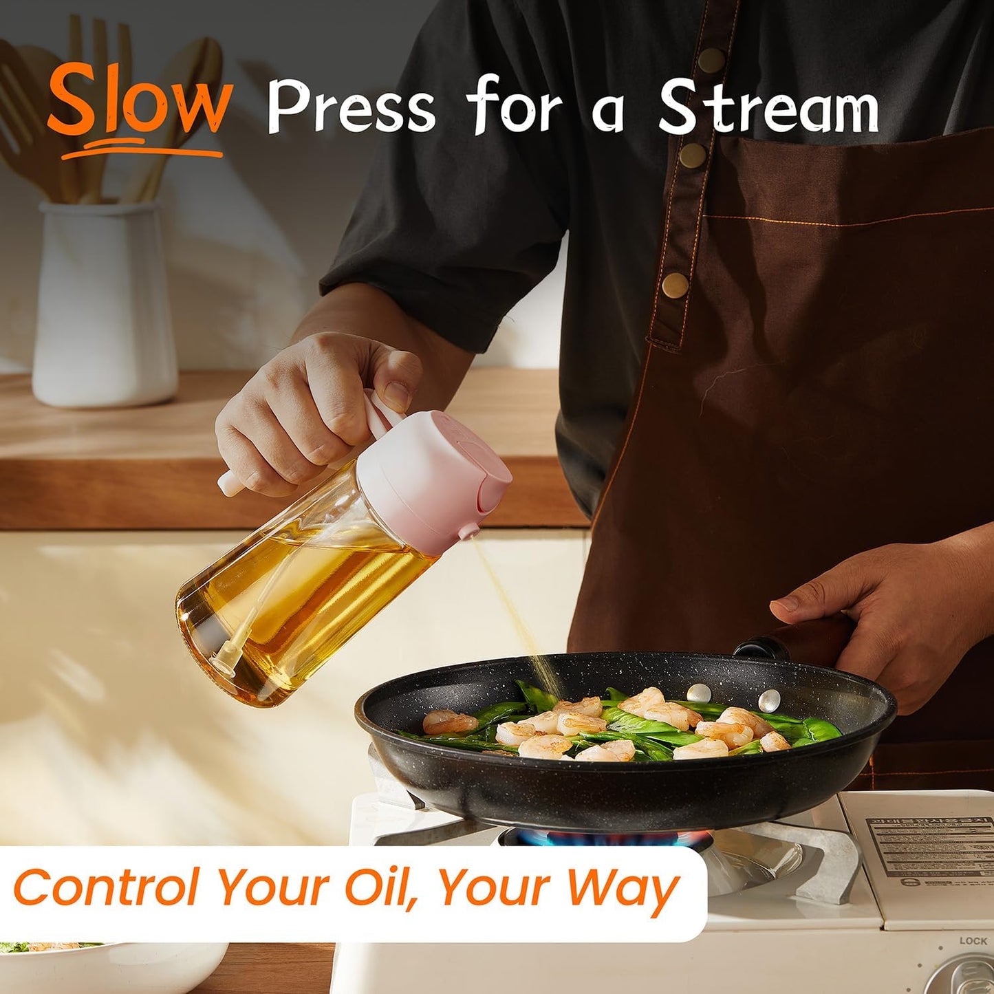 TrendPlain 16oz Glass Olive Oil Sprayer - 2-in-1 Dispenser for Cooking, Air Fryer & BBQ - Peach Color