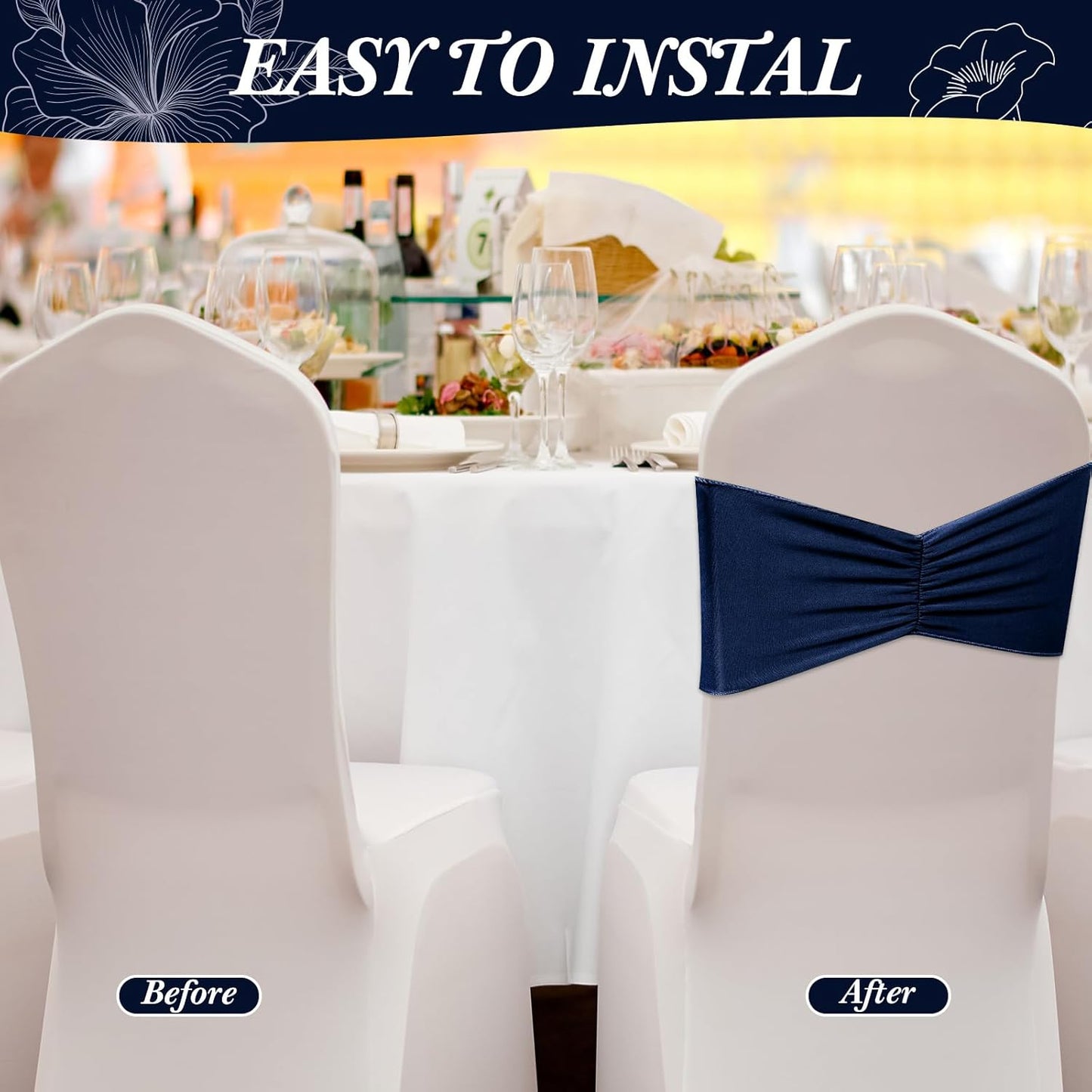 Moukeren Spandex Chair Sashes - 50 Pcs Elastic Ties for Weddings & Events | Navy Blue