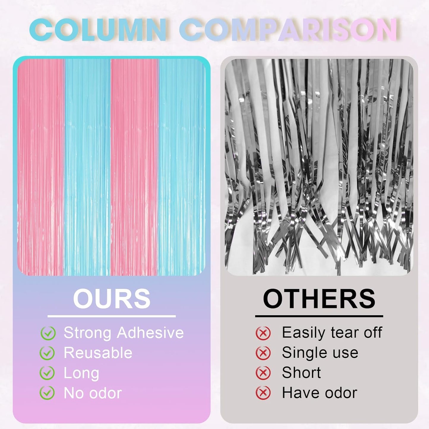 Voircoloria Foil Fringe Backdrop Curtains - 3 Pack of Pastel Blue & Pink Tinsel Streamers | Perfect for Gender Reveal, Baby Showers, and Birthday Parties