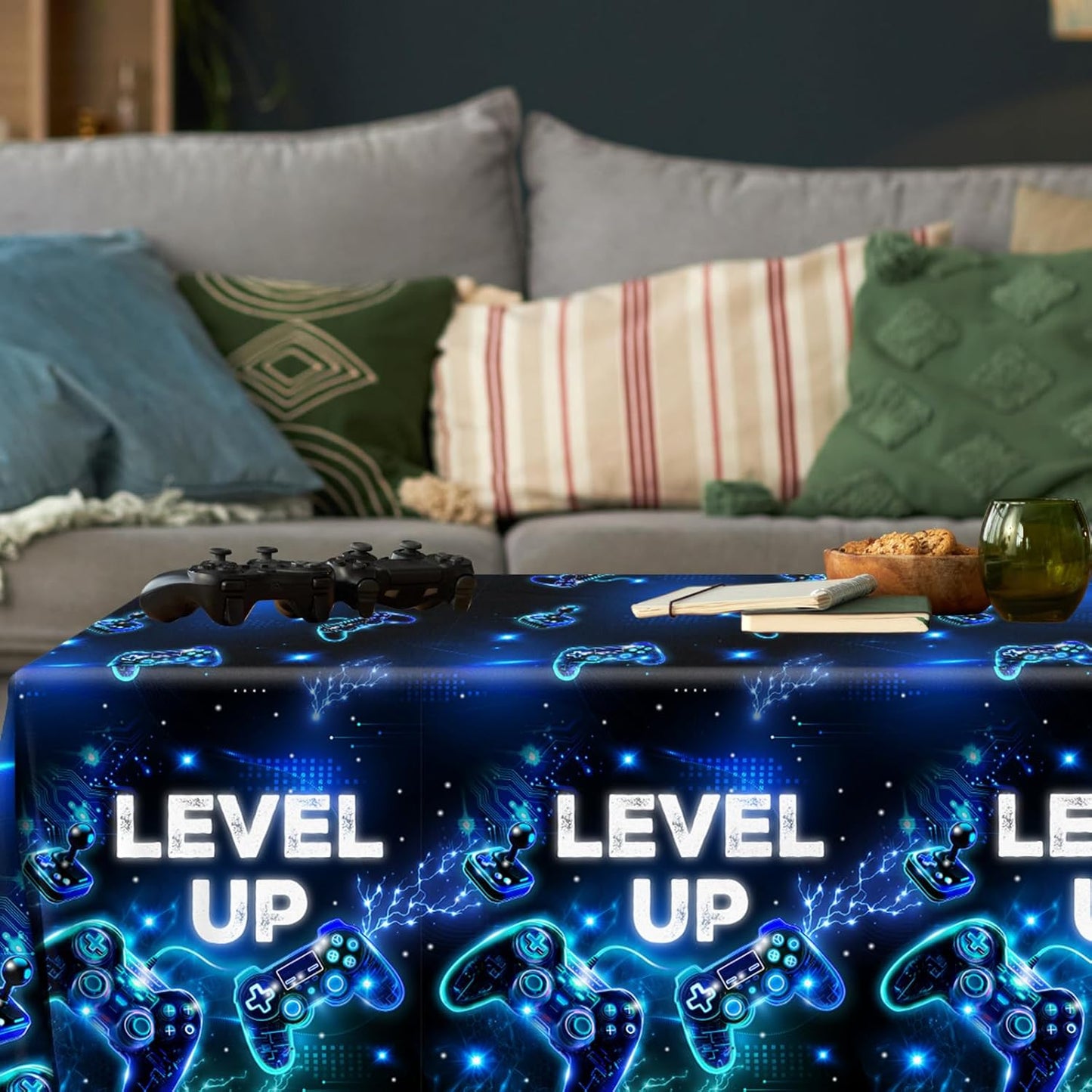 Skiennix Video Game Tablecloths - Neon Gaming Design for Boys & Girls | 4-Pack Rectangle Party Decor