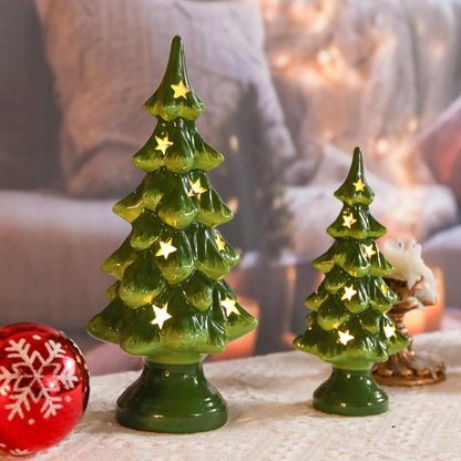 Taman Ceramic Christmas Tree Set - Light Up Tabletop Decor with Warm Lights | 10” & 7.5” Sizes