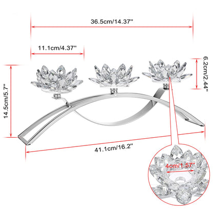 OwnMy 3 Arms Crystal Lotus Tealight Candle Holders Crystal Lotus Flower Votive Candle Stands, Decorative 3-Arms Crystal Lotus Candelabra Metal Crystal Lotus Candlestick Holder for Table Centerpiece