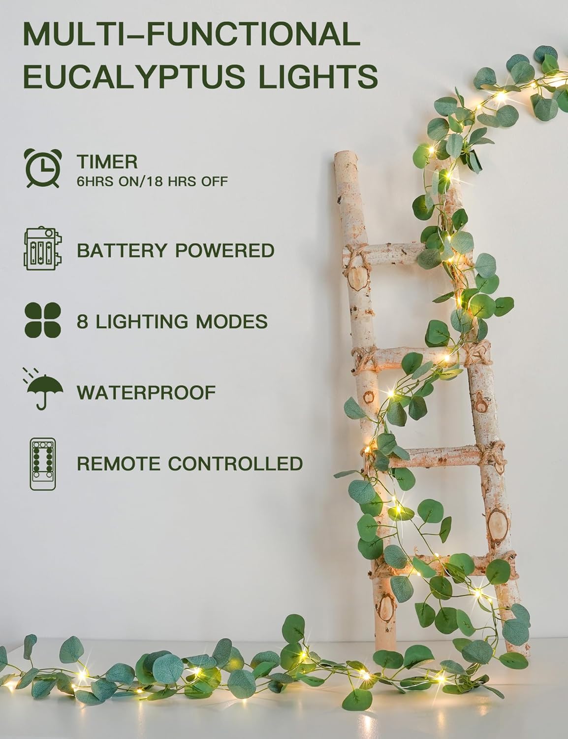Suddus Eucalyptus Garland String Lights - 33ft 100 LED Battery Operated with Remote | Warm White Decor for Bedroom, Garden, Party, Wedding