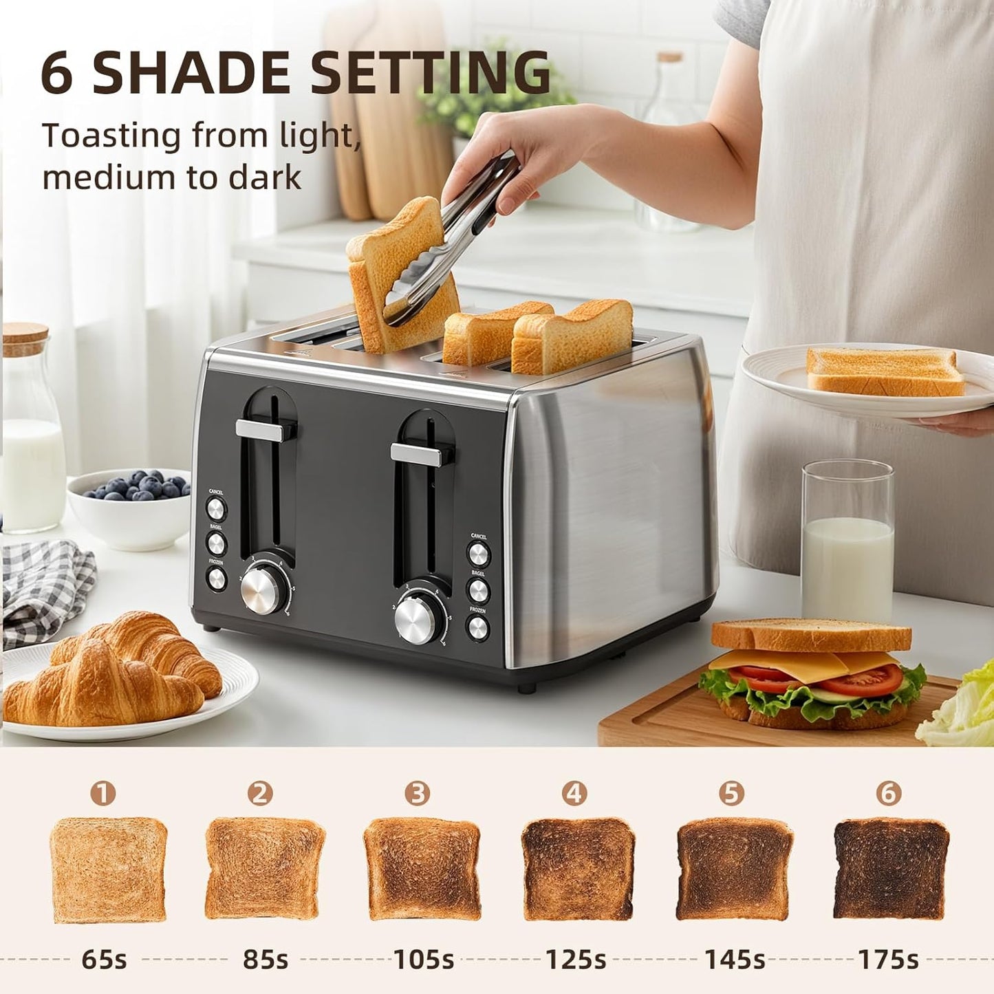 Skiennix 4-Slice Stainless Steel Toaster - 6 Browning Settings, Removable Crumb Tray, Perfect for Bagels & Waffles