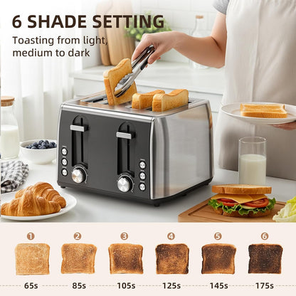 Skiennix 4-Slice Stainless Steel Toaster - 6 Browning Settings, Removable Crumb Tray, Perfect for Bagels & Waffles