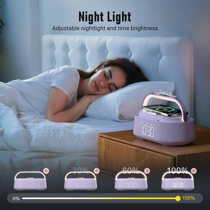 FREEFISH Bluetooth Speaker with Wireless Charger, FM Radio, Dimmer Night Light, Phone Holder, Wireless Charging Speakers for iPhone Samsung AirPods, Bedrooms Home Office Gifts