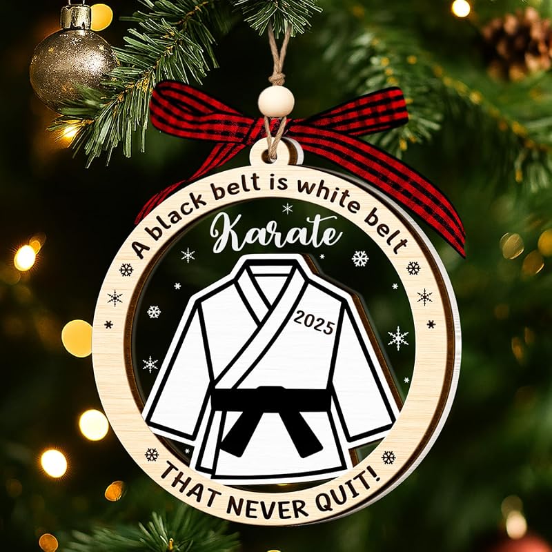 Karate Black Belt Ornament – Wooden & Acrylic 2-Layer Xmas Decoration for Karate Lovers