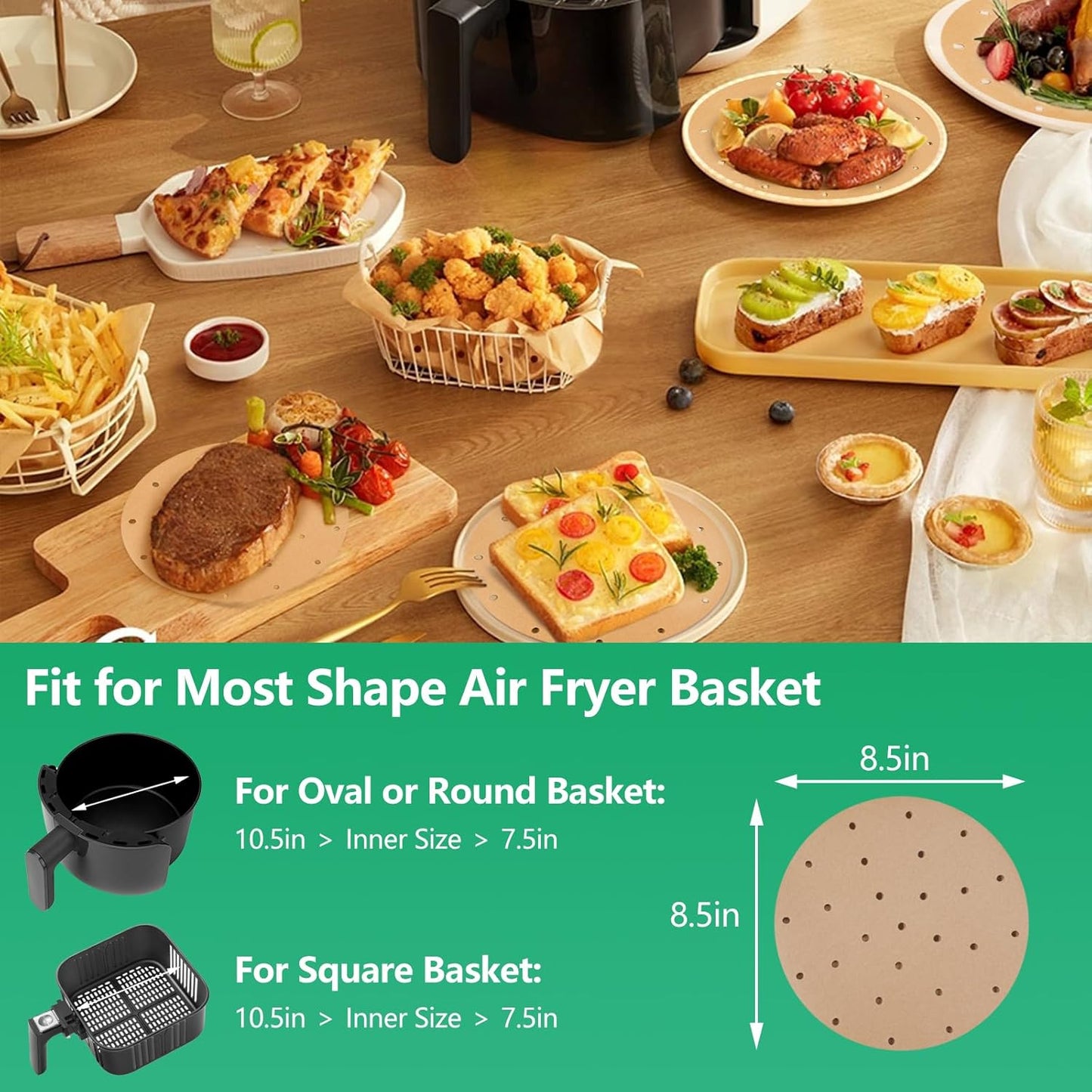 Vailnd Air Fryer Parchment Paper - 50 Unbleached Round Liners | 8.5-Inch Perforated Sheets for Baking & Cooking