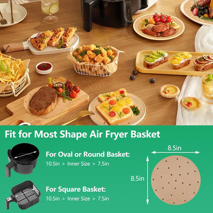 Vailnd Air Fryer Parchment Paper - 50 Unbleached Round Liners | 8.5-Inch Perforated Sheets for Baking & Cooking