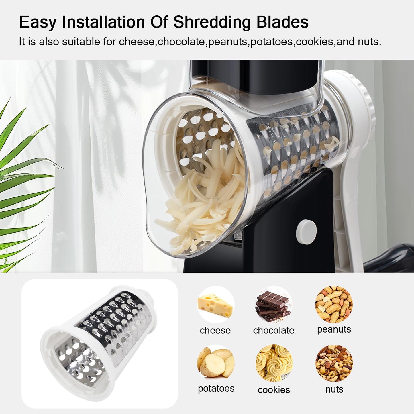 Rotary cheese grater - hand-cranked,5in1 washable & easy to clean - perfect for chefs, cuts cheese, veggies, fruits, nuts, crackers - upgraded model with strong suction-Hand Crank Cheese Grater