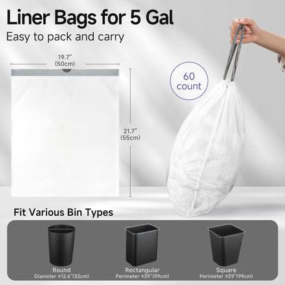TIPGO 5 Gallon Trash Bags Drawstring, Pre-Cut Strong Wastebasket Bin Liners, White Garbage Bags for Home, Office, Bathroom (Code E, 60 Count)