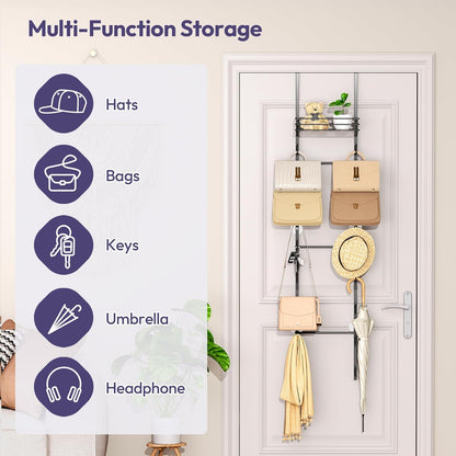 SWTYMIKI Over The Door Purse Organizer - Wall-Mounted Handbag Storage Rack with 16 Hooks & Metal Basket