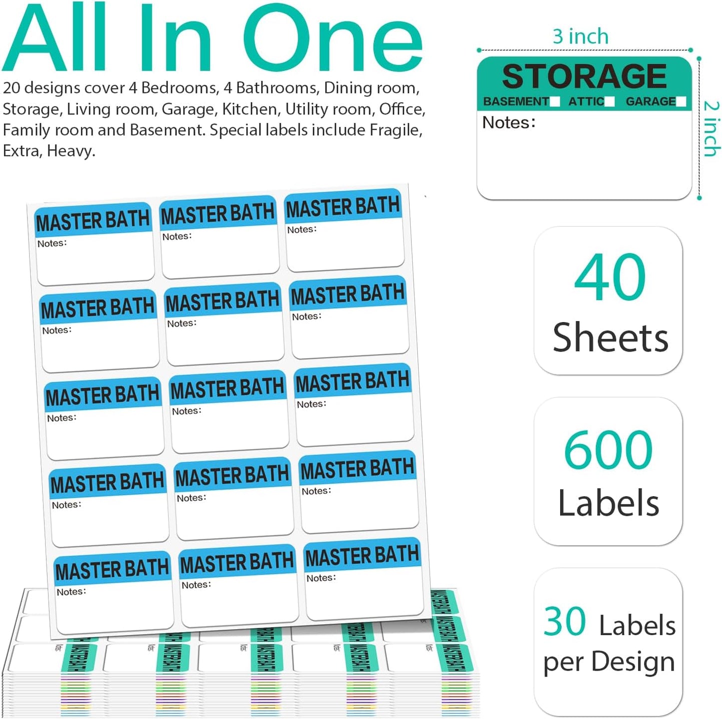 Regine Switzerland 600 Count Large Home Moving Packing Box Labels - Color-Coded & Writable for 3-4 Bedroom House