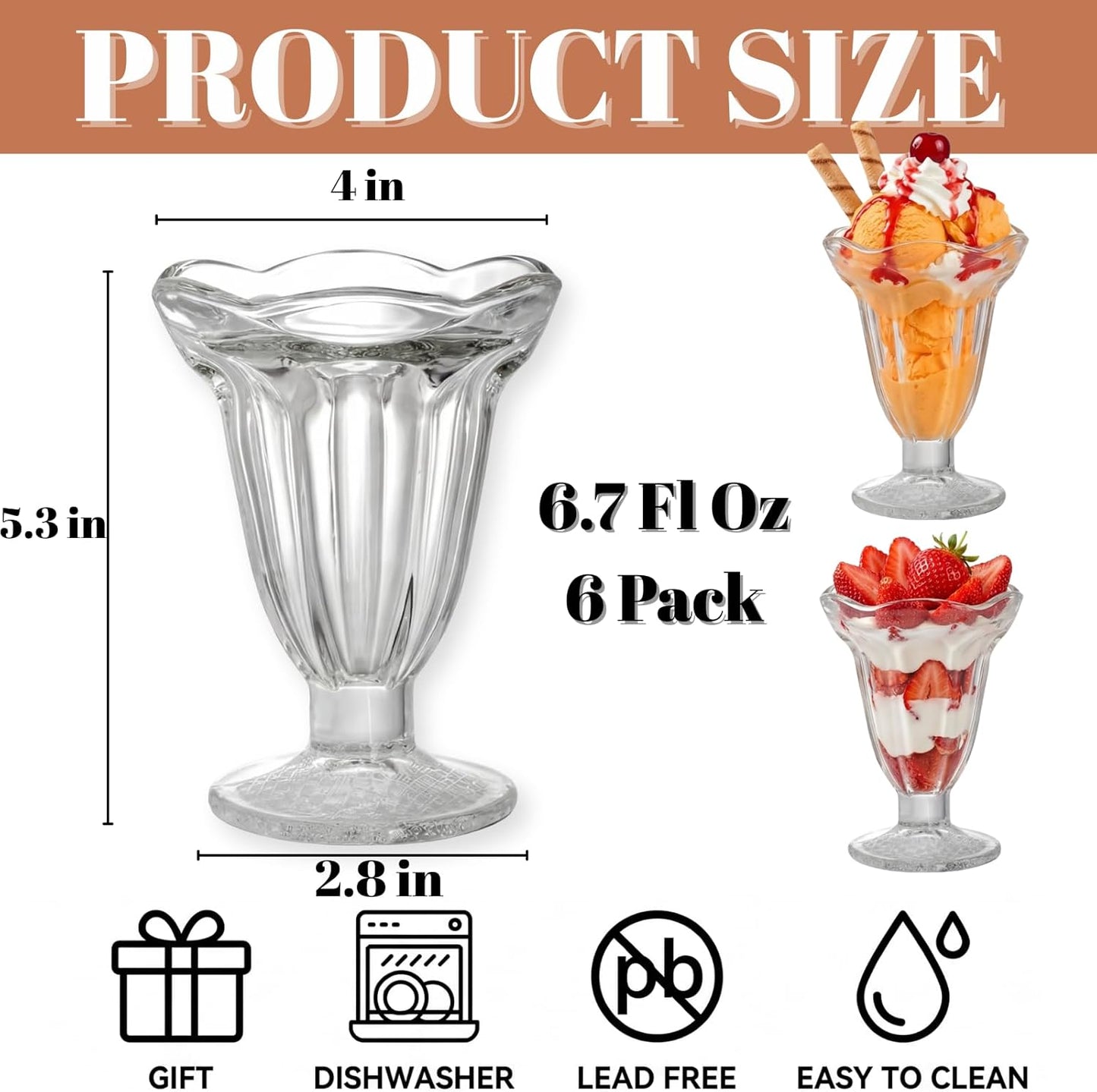 ZENFUN Glass Tulip Sundae Cups - 6 Pack Clear Dessert Bowls for Ice Cream, Milkshakes & More | 7 Fl Oz