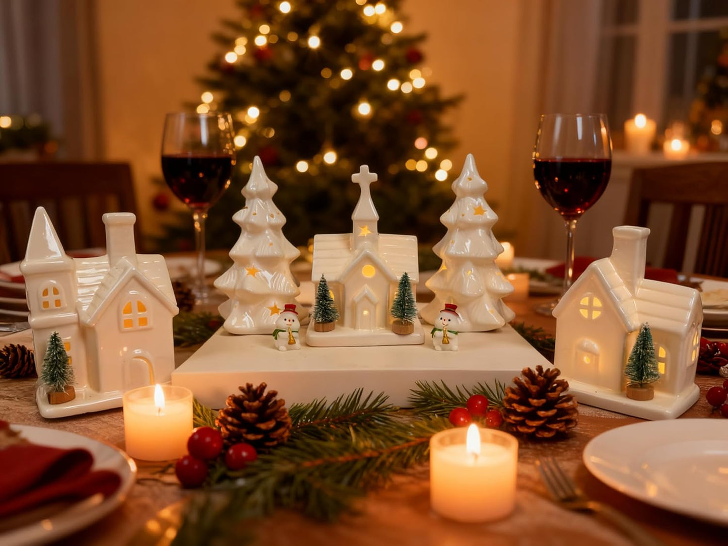 Skiennix Christmas Village Set - 11 Pcs Ceramic Decoration with 3 Lighted Houses & 2 Trees | Festive Tabletop Decor