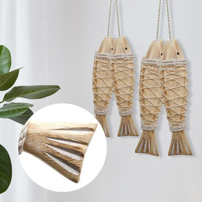 Antique Wood Fish Decor by [Brand Name] - Rustic Nautical Hand-Carved Wall Hanging Ornaments | 12.59" & 7.8" Sizes