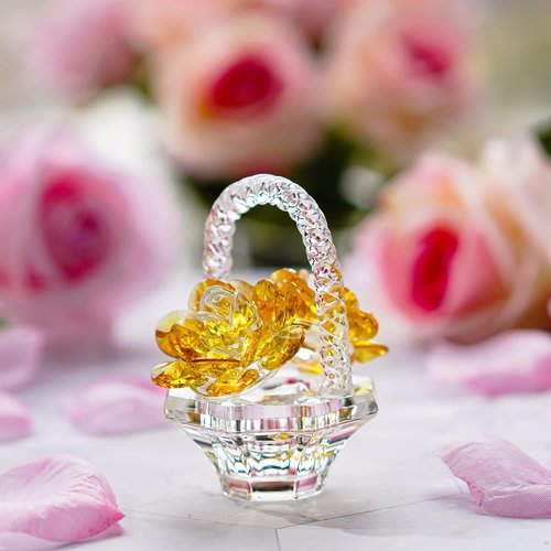 H&D Hyaline & Dora Crystal Flower Basket Figurine - Elegant Home Decor Tabletop Centerpiece | Yellow Gift for Her