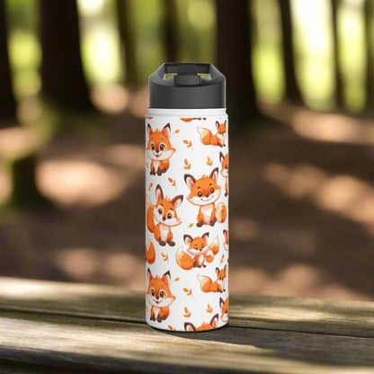 Insulated Water Bottle Thermos, 18oz, Cute Baby Foxes - Double Walled Stainless Steel, Keeps Drinks Hot or Cold